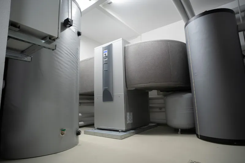 Hybride warmtepomp-installatie tegen Nederlandse gevel met buitenunit en binnenunit, hybride bedrading naar CV-ketel, groen label toont 35 procent besparing op gasverbruik